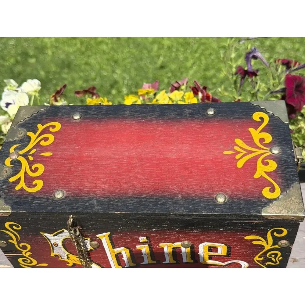 Vintage Wood Brass Shoeshine Box 5 Cent Shine w/ Brush Barber Shop Americana